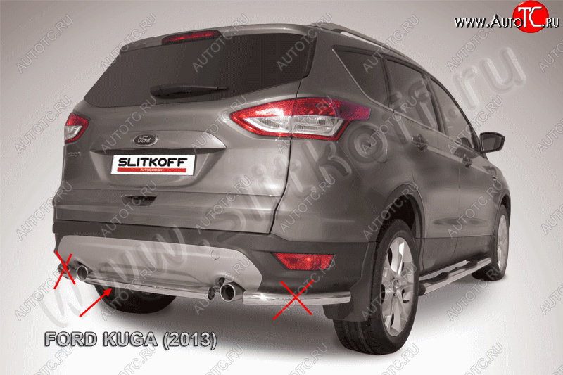 6 499 р. Защита заднего бампера Slitkoff (57 mm, короткая Ford Kuga 2 дорестайлинг (2013-2016) (Нержавейка, Полированная)  с доставкой в г. Воронеж