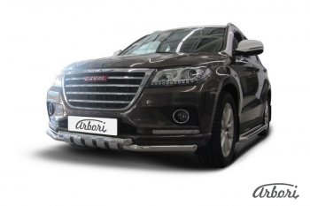 27 999 р. Защита переднего бампера Arbori (с декоративными элементами, нержавейка, 2 трубы d57 и 57 mm) Haval H2 (2014-2021)  с доставкой в г. Воронеж. Увеличить фотографию 2