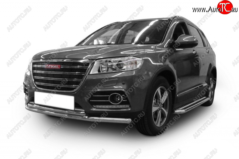 8 999 р. Защита переднего бампера Slitkoff (Ø 57+Ø 57). Haval H2 (2014-2021) (Цвет: серебристый)  с доставкой в г. Воронеж