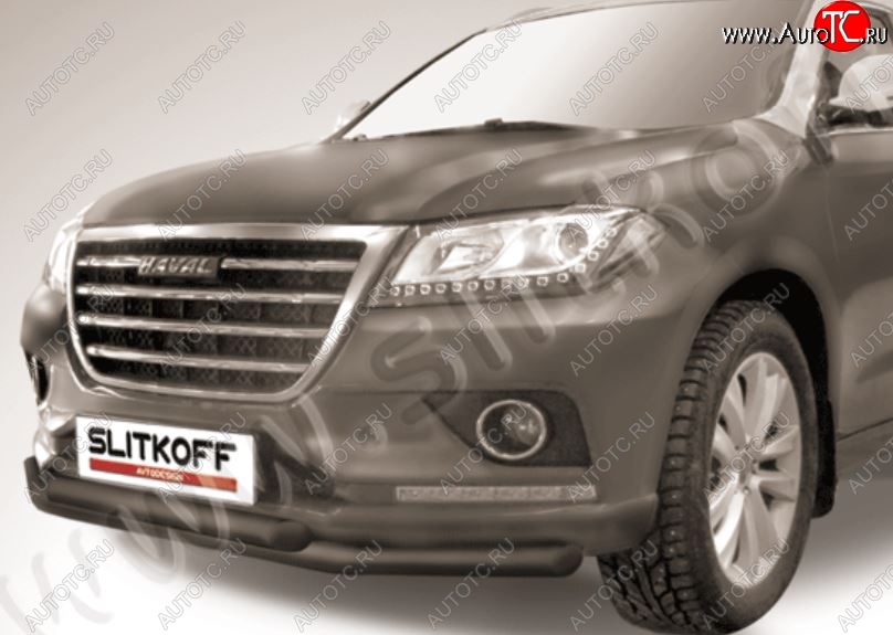8 999 р. Защита переднего бампера Slitkoff (двойная трубы, d57/57)  Haval H2 (2014-2021) (Сталь с полимерным покрытием. Цвет: чёрный)  с доставкой в г. Воронеж