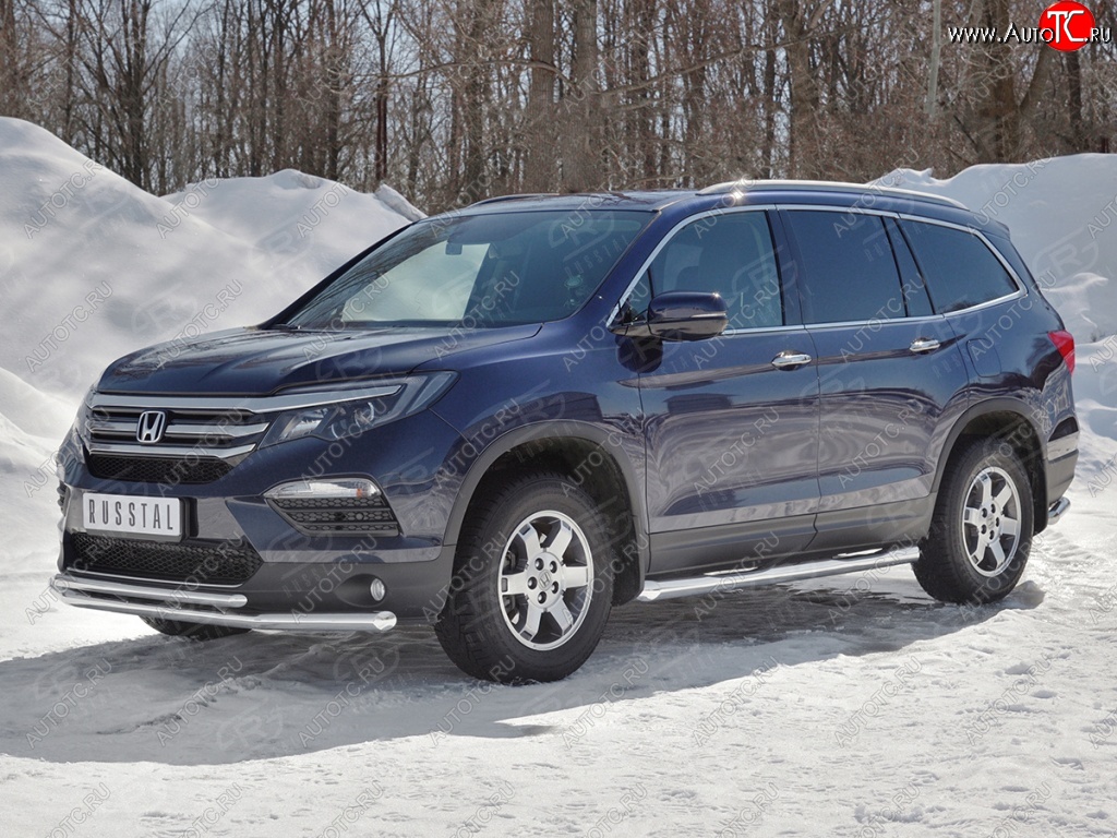 21 699 р. Защита переднего бампера (2 трубы Ø63 и 42 мм, нержавейка) SLITKOFF Honda Pilot YF6 дорестайлинг (2016-2019)  с доставкой в г. Воронеж