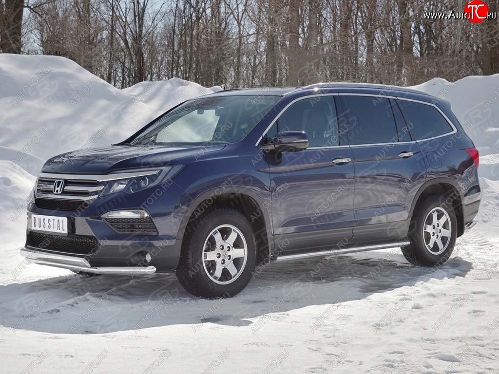17 299 р. Защита переднего бампера (2 трубы Ø63 и 75х42 мм, нержавейка) Russtal Honda Pilot YF6 дорестайлинг (2016-2019)  с доставкой в г. Воронеж