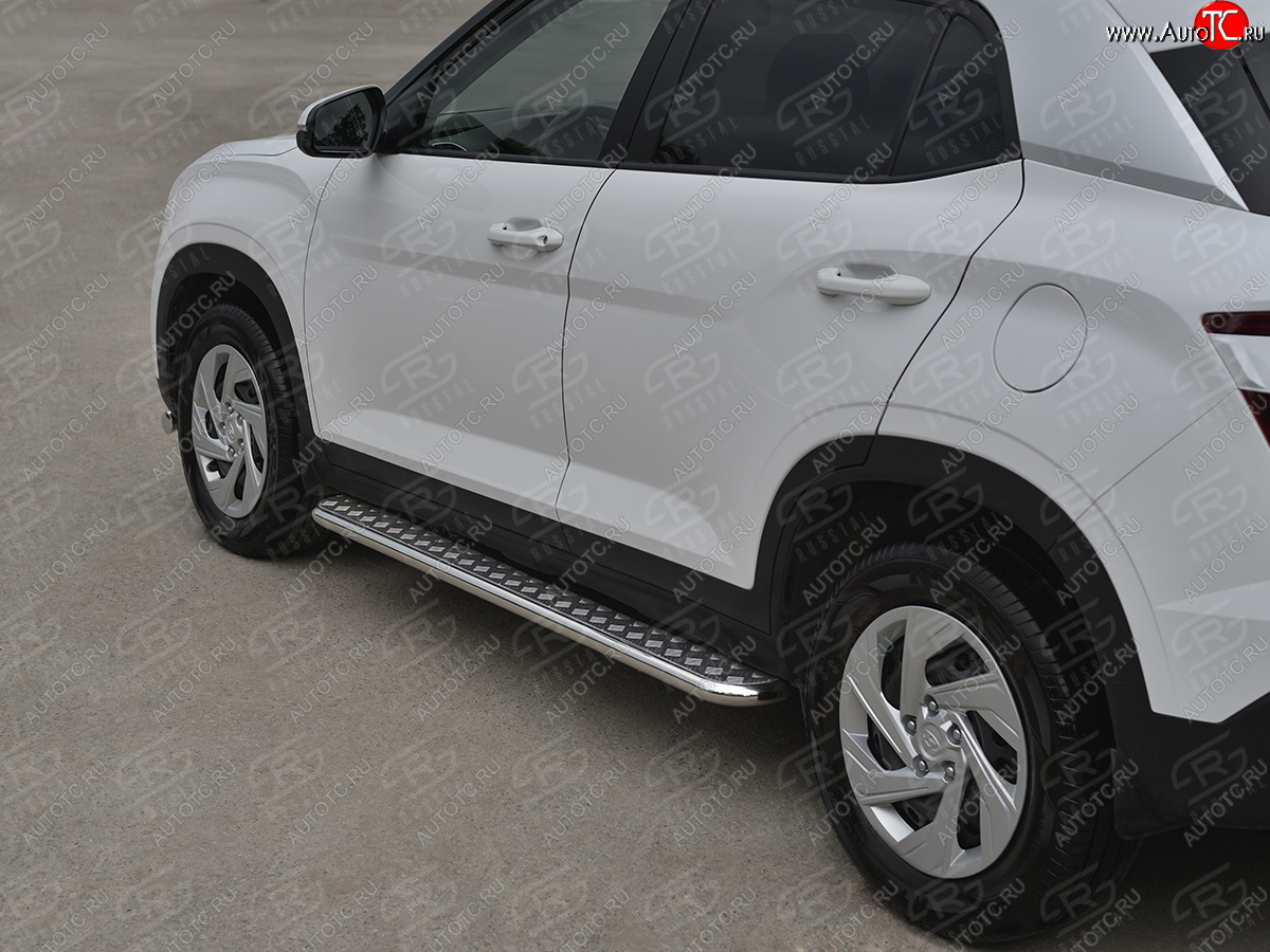 22 999 р. Порожки для ног SLITKOFF (Ø42 мм)  Hyundai Creta  SU (2020-2022) (лист - алюминий, профиль - нержавейка)  с доставкой в г. Воронеж
