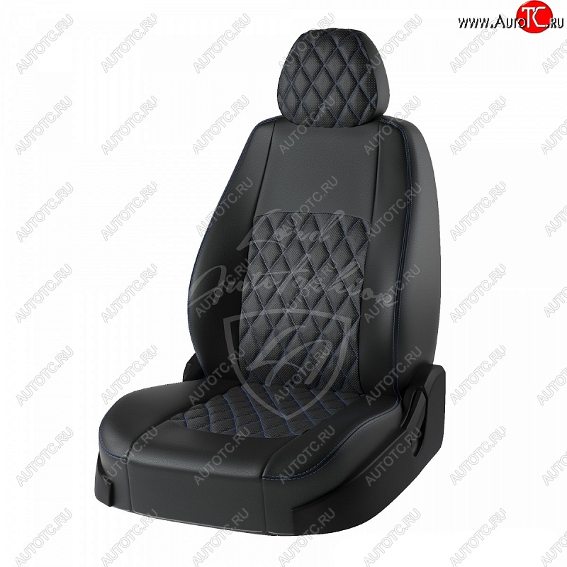 7 199 р. Чехлы для сидений Lord Autofashion Турин Ромб (экокожа)  Hyundai Elantra  AD (2016-2020) дорестайлинг, рестайлинг (Черный, вставка черная, строчка синяя)  с доставкой в г. Воронеж