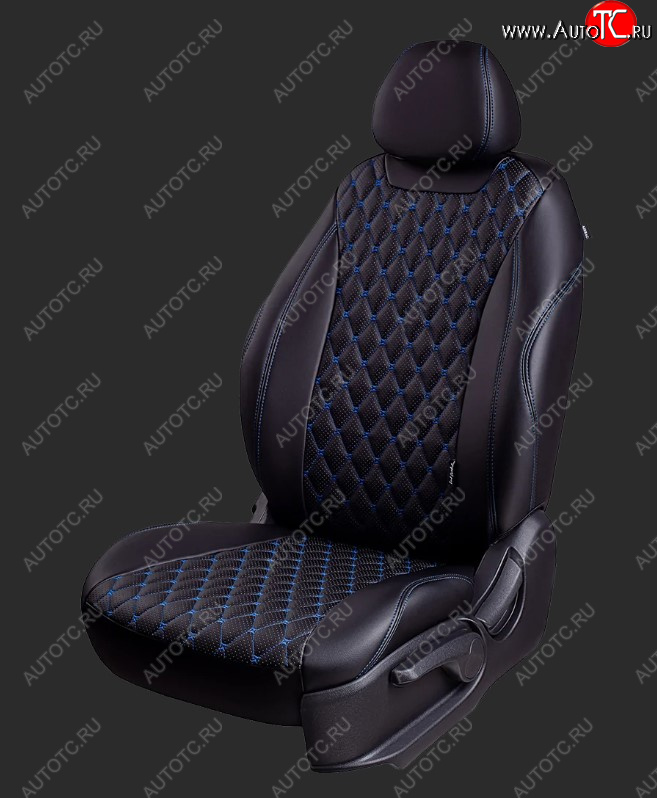 13 949 р. Чехлы для сидений Lord Autofashion Байрон (экокожа, спинка 40/60+подлокотник+ отдел. бок, 2П и 1 Г-образных подголовника) Hyundai Elantra MD дорестайлинг (2010-2013) (Черный, вставка черная, строчка синяя)  с доставкой в г. Воронеж