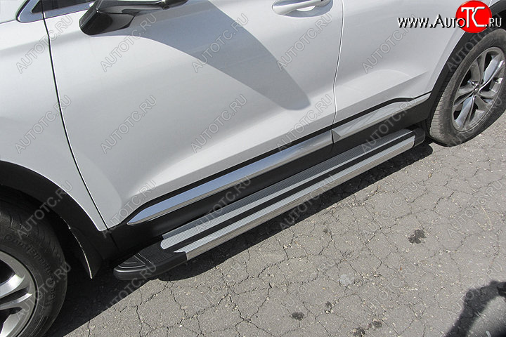 10 699 р. Пороги алюминиевые Slitkoff  Hyundai Santa Fe  TM (2018-2021) дорестайлинг (Luxe Silver)  с доставкой в г. Воронеж