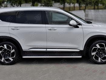24 649 р. Порожки для ног SLITKOFF (Ø42 мм)  Hyundai Santa Fe  TM (2020-2022) рестайлинг (лист - алюминий, профиль - нержавейка)  с доставкой в г. Воронеж. Увеличить фотографию 3