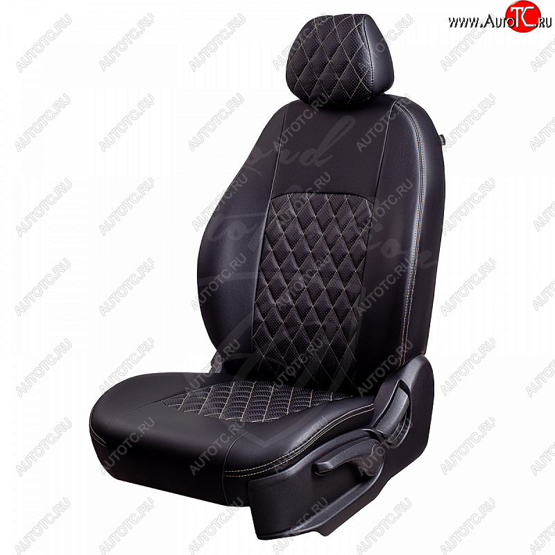 7 199 р. Чехлы для сидений Lord Autofashion Турин Ромб (экокожа, сплошная спинка)  Hyundai Solaris  HCR (2017-2020) седан дорестайлинг (Черный, вставка черная, строчка бежевая)  с доставкой в г. Воронеж