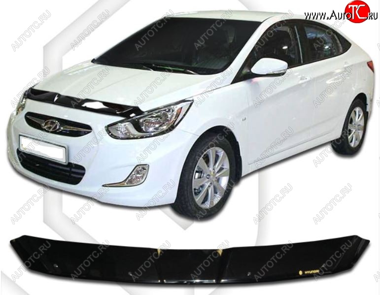 1 899 р. Дефлектор капота CA-Plastiс Hyundai Solaris RBr седан дорестайлинг (2010-2014) (Classic черный, Без надписи)  с доставкой в г. Воронеж