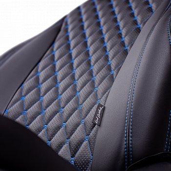 13 949 р. Чехлы для сидений Lord Autofashion Байрон (экокожа, 60/40, 2 П- и 1 Г-образных подголовника)  Hyundai Sonata  EF (2001-2013) рестайлинг ТагАЗ (Черный, вставка черная, строчка синяя)  с доставкой в г. Воронеж. Увеличить фотографию 4