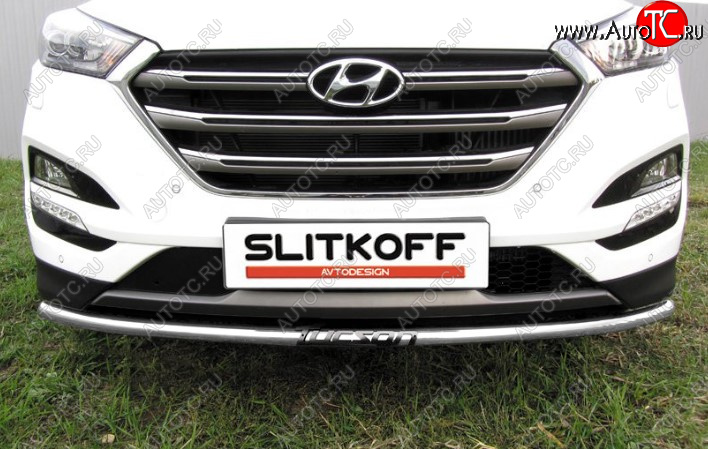 7 549 р. Защита переднего бампера Slitkoff (Ø 42 мм, с надписью).  Hyundai Tucson  TL (2015-2018) дорестайлинг (Сталь с полимерным покрытием. Цвет: серебристый)  с доставкой в г. Воронеж