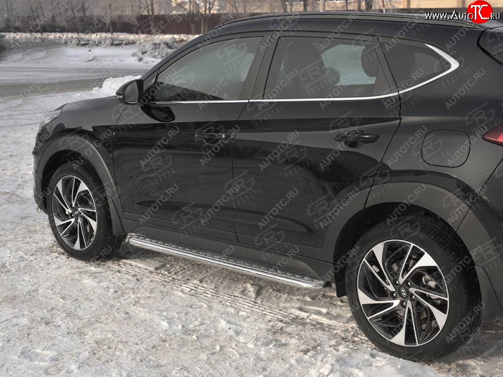 24 649 р. Порожки для ног SLITKOFF (Ø42 мм)  Hyundai Tucson  TL (2018-2021) рестайлинг (Лист алюминиевый, труба - нержавейка)  с доставкой в г. Воронеж