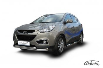 Защита переднего бампера Arbori (нержавейка, 2 трубы d76 и 57 mm) Hyundai IX35  LM (2009-2018) дорестайлинг, рестайлинг