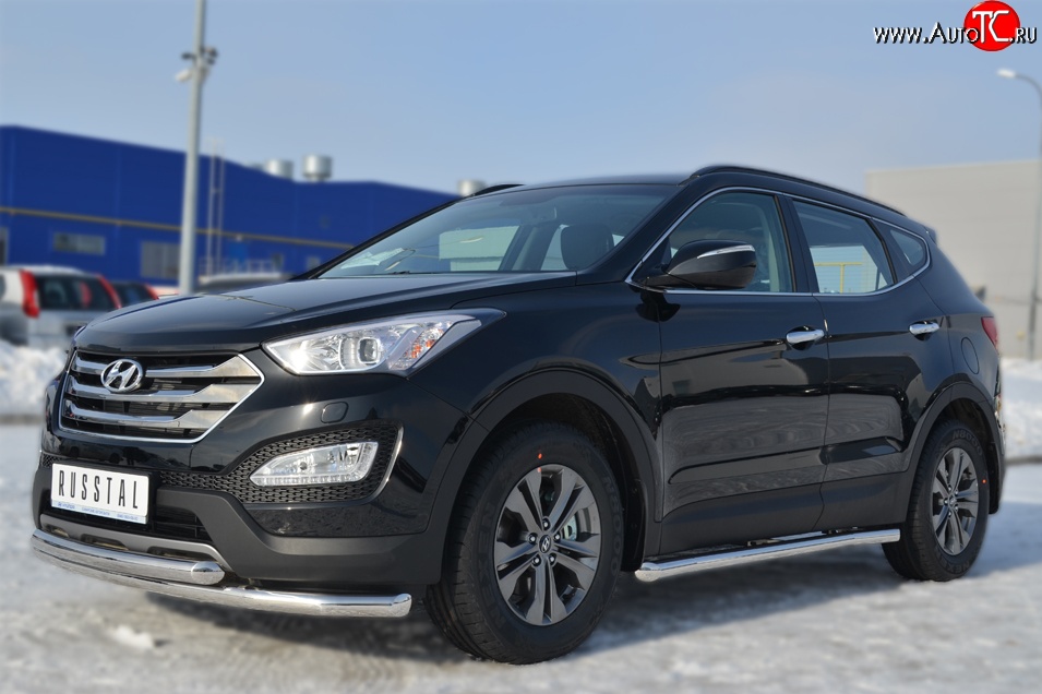 70 999 р. Защита порогов из круглой трубы диаметром 63 мм Russtal Hyundai Santa Fe DM дорестайлинг (2012-2016) (Защита порогов с со скосами на торцах (вариант 1))  с доставкой в г. Воронеж
