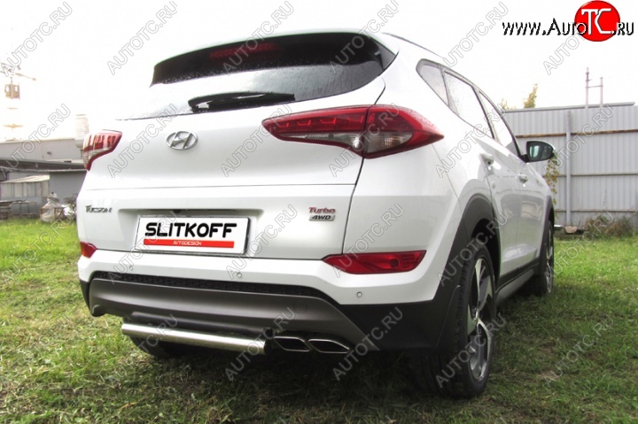 7 999 р. Защита заднего бампера из короткой трубы диаметром 57 мм Slitkoff Hyundai Tucson TL дорестайлинг (2015-2018) (Нержавейка, Полированная)  с доставкой в г. Воронеж