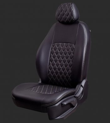 Чехлы для сидений Lord Autofashion Турин Ромб (экокожа, спинка 40/60, 3 П-образных подголовника) KIA Cerato  1 LD (2003-2008) седан дорестайлинг, хэтчбэк, седан рестайлинг (Черный, вставка черная, строчка бежевая)
