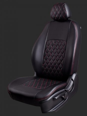Чехлы для сидений Lord Autofashion Турин Ромб (экокожа, спинка 40/60, 3 П-образных подголовника) KIA Cerato  1 LD (2003-2008) седан дорестайлинг, хэтчбэк, седан рестайлинг (Черный, вставка черная, строчка красная)