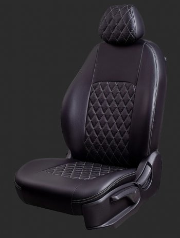 Чехлы для сидений Lord Autofashion Турин Ромб (экокожа, спинка 40/60, 3 П-образных подголовника) KIA Cerato  1 LD (2003-2008) седан дорестайлинг, хэтчбэк, седан рестайлинг (Черный, вставка черная, строчка серая)