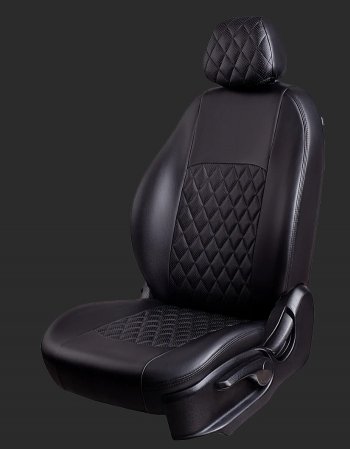 Чехлы для сидений Lord Autofashion Турин Ромб (экокожа, спинка 40/60, 3 П-образных подголовника) KIA Cerato  1 LD (2003-2008) седан дорестайлинг, хэтчбэк, седан рестайлинг (Черный, вставка черная, строчка черная)