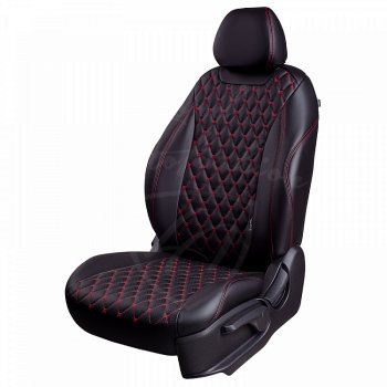 Чехлы для сидений Lord Autofashion Байрон (экокожа, раздельная спинка, 3 Г-образных подголовника) KIA Optima 3 TF дорестайлинг седан (2010-2013) (Черный, вставка черная, строчка красная)