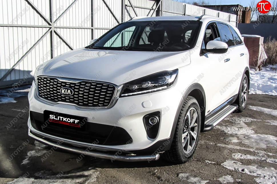 12 999 р. Защита переднего бампера Slitkoff (двойная, d57/42)  KIA Sorento  UM/Prime (2018-2020) рестайлинг (Нержавейка, Полированная)  с доставкой в г. Воронеж