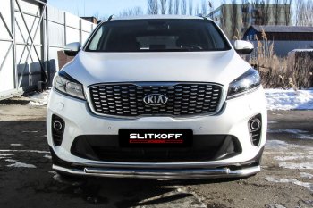 13 749 р. Защита переднего бампера Slitkoff (двойная, d57/42)  KIA Sorento  UM/Prime (2018-2020) рестайлинг (Нержавейка, Полированная)  с доставкой в г. Воронеж. Увеличить фотографию 2
