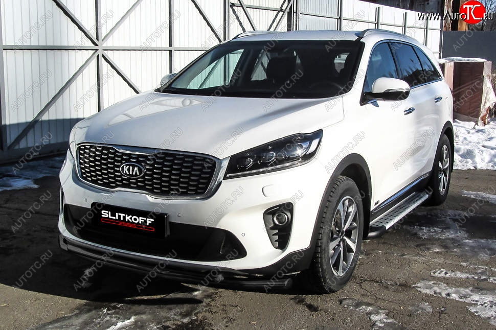 9 649 р. Защита переднего бампера Slitkoff (двойная, d57/42)  KIA Sorento  UM/Prime (2018-2020) рестайлинг (Сталь с полимерным покрытием. Цвет: чёрный)  с доставкой в г. Воронеж