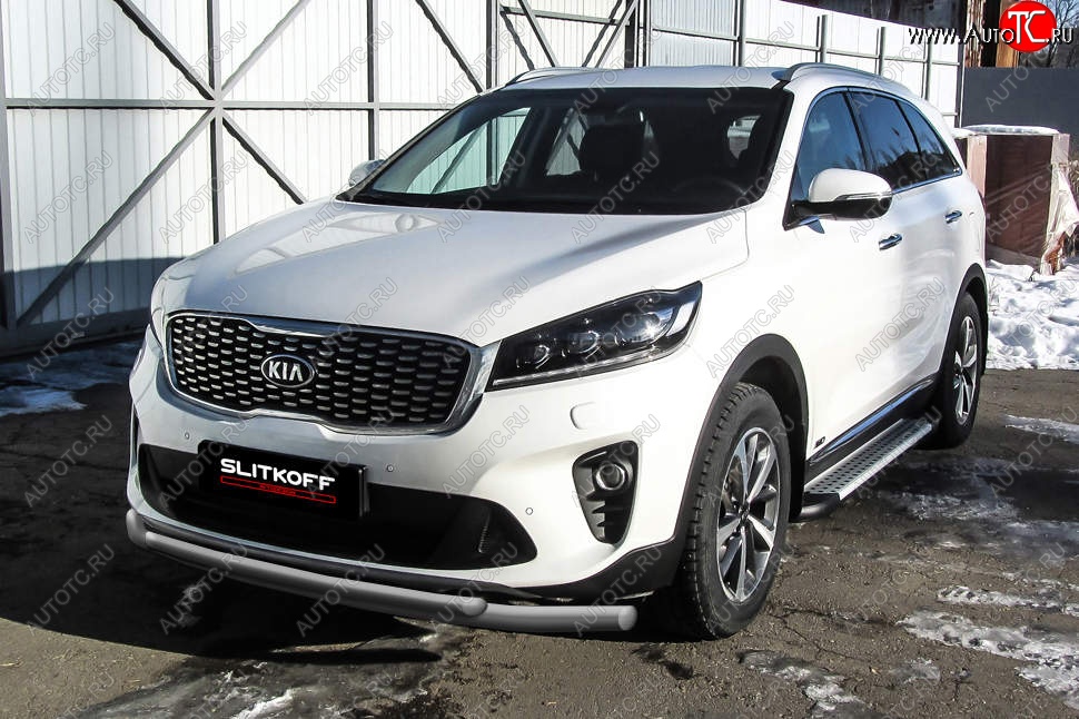 9 649 р. Защита переднего бампера Slitkoff (двойная, d57/42)  KIA Sorento  UM/Prime (2018-2020) рестайлинг (Сталь с полимерным покрытием. Цвет: серебристый)  с доставкой в г. Воронеж
