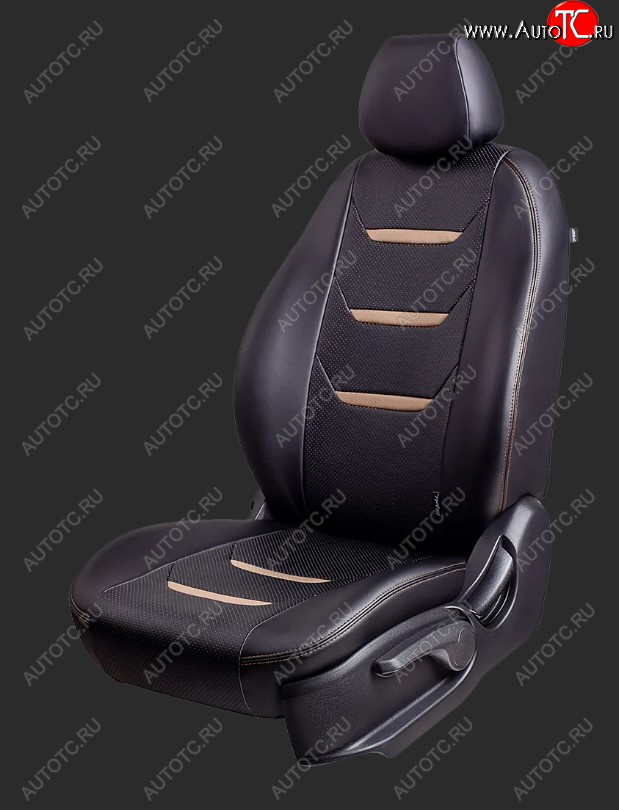 10 299 р. Чехлы для сидений Lord Autofashion Турин 2 (экокожа, спинка 60/40 3 П-образных подголовника) KIA Spectra (2000-2009) (Чёрный, вставка черный/бежевый, строчка бежевая)  с доставкой в г. Воронеж