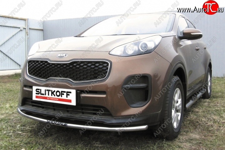 10 799 р. Одинарная защита переднего бампера диаметром 42 мм с надписью Slitkoff  KIA Sportage  4 QL (2016-2018) дорестайлинг (Нержавейка, Полированная)  с доставкой в г. Воронеж