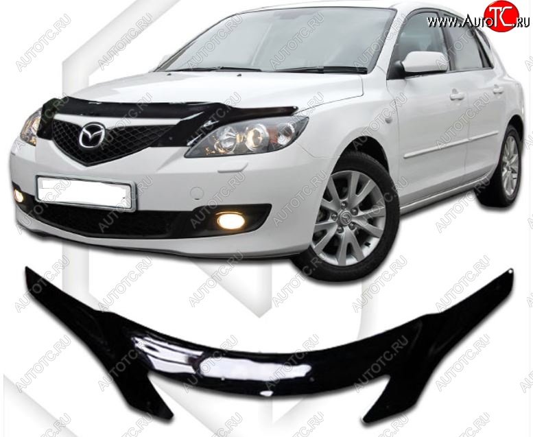 2 599 р. Дефлектор капота CA-Plastiс  Mazda 3/Axela  BK (2003-2009) дорестайлинг, хэтчбэк, рестайлинг, хэтчбэк (Classic черный, Без надписи)  с доставкой в г. Воронеж