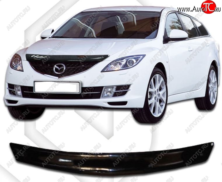 1 759 р. Дефлектор капота CA-Plastiс  Mazda 6  GH (2007-2010) дорестайлинг универсал (Classic черный, Без надписи)  с доставкой в г. Воронеж