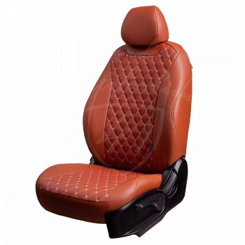 Чехлы для сидений Lord Autofashion Байрон (экокожа, раздельная спинка 40/20/40, подлокотник, 3 Г-образных подголовника) Mazda CX-5  KF (2016-2025) (Коричневый, вставка коричневая, строчка бежевая)