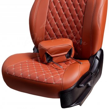 13 499 р. Чехлы для сидений Lord Autofashion Байрон (экокожа, раздельная спинка 40/20/40, подлокотник, 3 Г-образных подголовника)  Mazda CX-5  KF (2016-2025) (Коричневый, вставка коричневая, строчка бежевая)  с доставкой в г. Воронеж. Увеличить фотографию 3