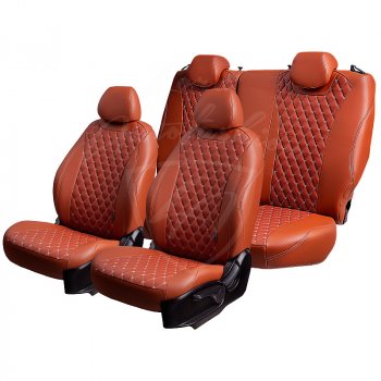 13 499 р. Чехлы для сидений Lord Autofashion Байрон (экокожа, раздельная спинка 40/20/40, подлокотник, 3 Г-образных подголовника)  Mazda CX-5  KF (2016-2025) (Коричневый, вставка коричневая, строчка бежевая)  с доставкой в г. Воронеж. Увеличить фотографию 5