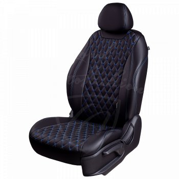 Чехлы для сидений Lord Autofashion Байрон (экокожа, раздельная спинка 40/20/40, подлокотник, 3 Г-образных подголовника) Mazda CX-5  KF (2016-2025) (Черный, вставка черная, строчка синяя)