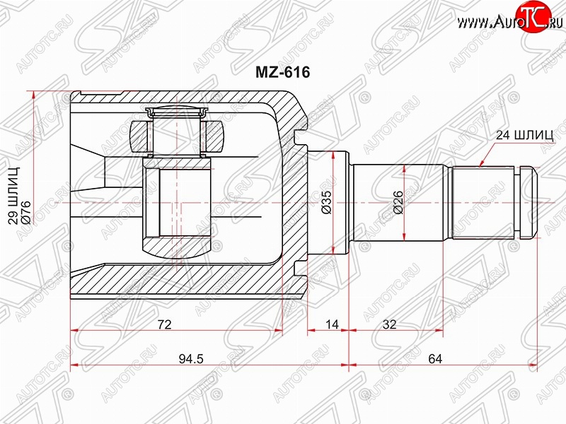 6 599 р. Шрус (внутренний/левый) SAT (29*24*35 мм) Mazda 323/Familia седан BJ дорестайлинг (1998-2000)  с доставкой в г. Воронеж