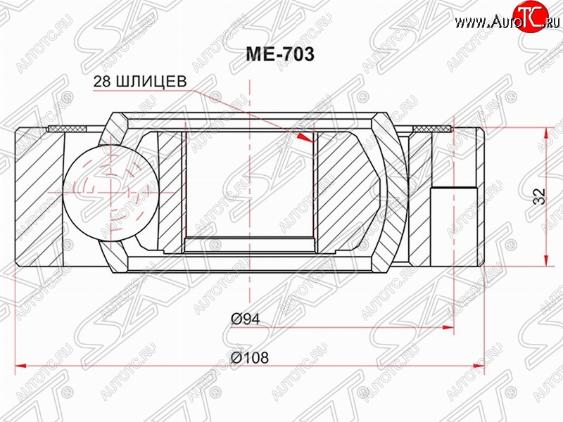 1 849 р. Шрус (внутренний) SAT (28*108 мм)  Mercedes-Benz Vito  W638 (1996-2003), Opel Omega  A (1986-1994)  с доставкой в г. Воронеж