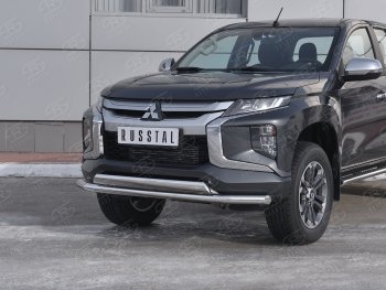 Защита переднего бампера (2 трубы Ø63 и 75х42 мм, нержавейка) Russtal Mitsubishi L200 5 KK,KL рестайлинг (2018-2022)