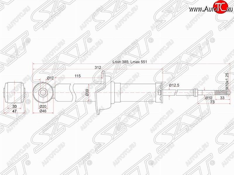 2 299 р. Амортизатор задний SAT (установка на левую или правую сторону)  Mitsubishi Lancer  10 CY (2007-2017) седан дорестайлинг, хэтчбэк дорестайлинг, седан рестайлинг, хэтчбек 5 дв рестайлинг  с доставкой в г. Воронеж