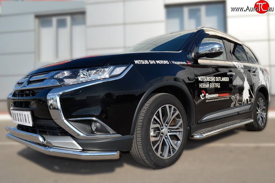 13 399 р. Защита переднего бампера (2 трубыØ75х42 и 63 мм, нержавейка) Russtal Mitsubishi Outlander GF 2-ой рестайлинг (2015-2018)  с доставкой в г. Воронеж