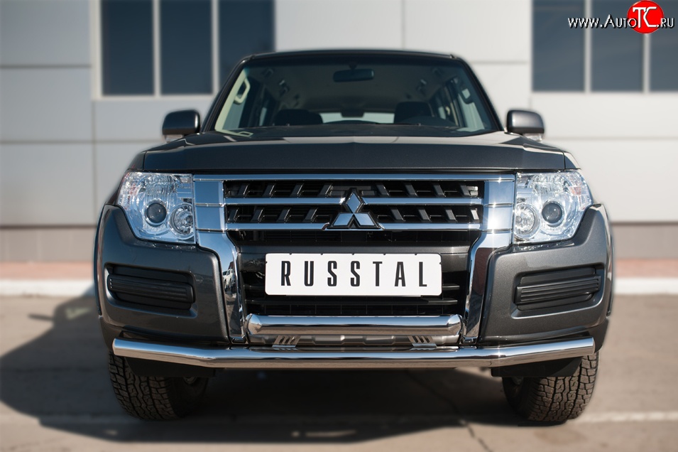 21 849 р. Защита переднего бампера (2 трубыØ63 мм, нержавейка) SLITKOFF Mitsubishi Pajero 4 V90 2-ой рестайлинг (2014-2020)  с доставкой в г. Воронеж