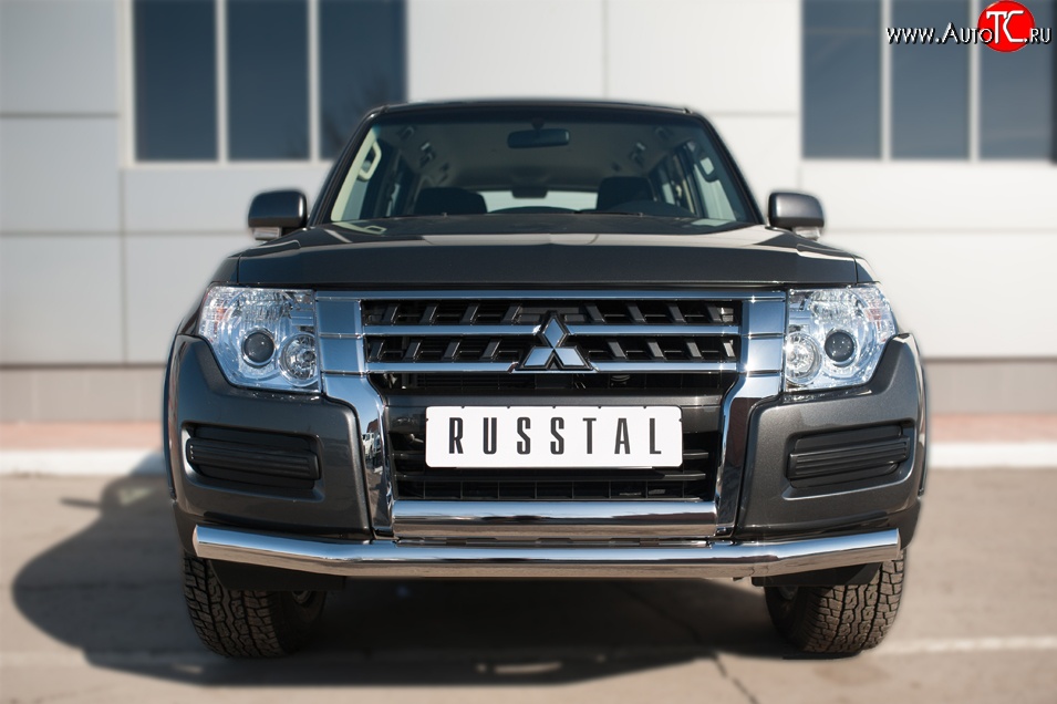 17 799 р. Защита переднего бампера (2 трубы Ø76 и 75х42 мм, нержавейка) Russtal Mitsubishi Pajero 4 V90 2-ой рестайлинг (2014-2020)  с доставкой в г. Воронеж