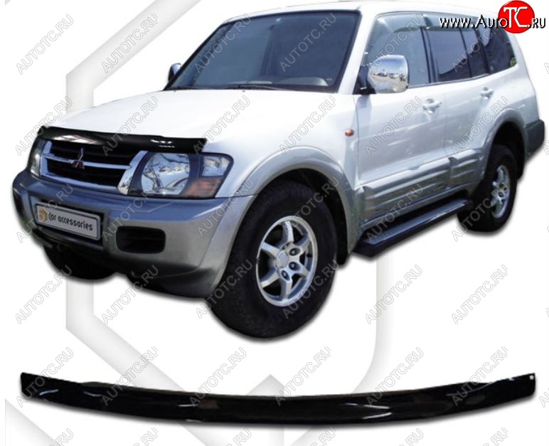 2 079 р. Дефлектор капота CA-Plastic Mitsubishi Pajero 3 V70 дорестайлинг (1999-2003) (Classic черный, Без надписи)  с доставкой в г. Воронеж