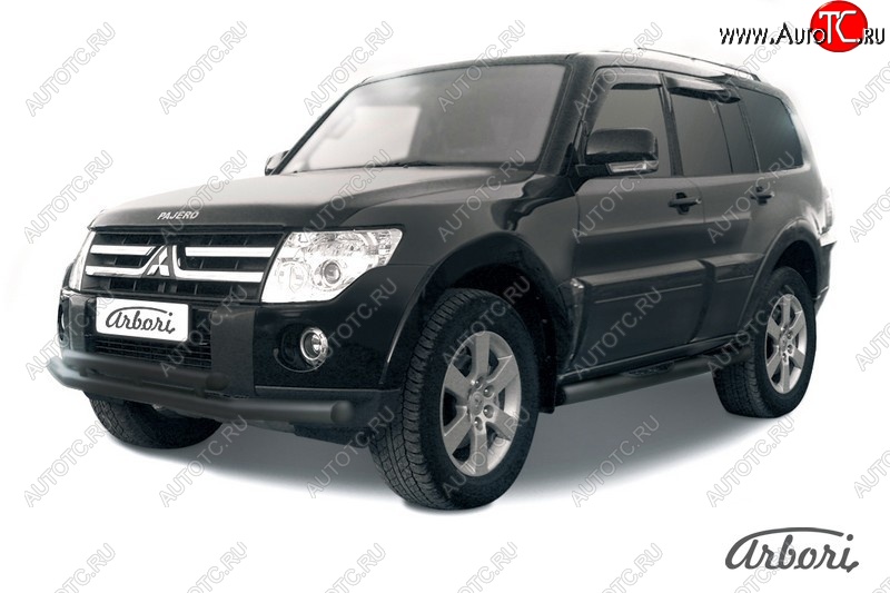 7 019 р. Защита переднего бампера Arbori (черная, 1 труба d76 mm). Mitsubishi Pajero 4 V80 дорестайлинг (2006-2011)  с доставкой в г. Воронеж