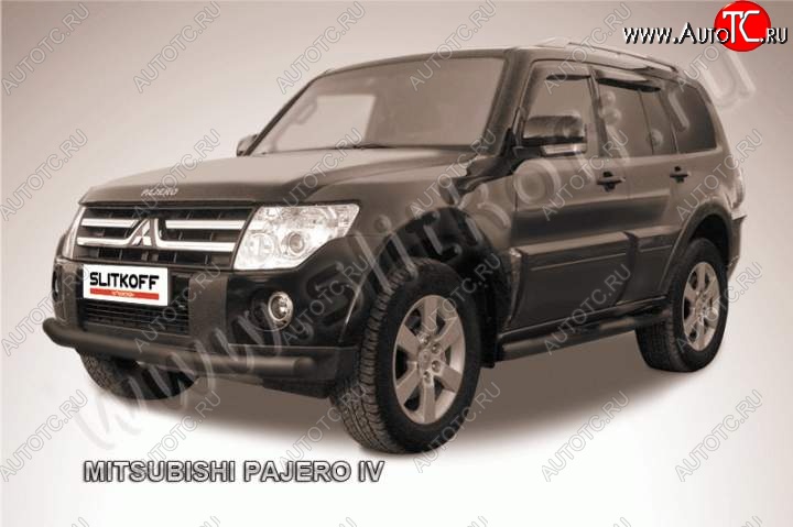 9 449 р. Защита переднего бампер Slitkoff Mitsubishi Pajero 4 V80 дорестайлинг (2006-2011) (Цвет: серебристый)  с доставкой в г. Воронеж