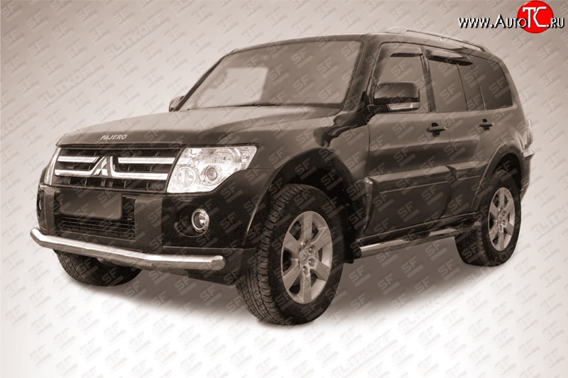 13 499 р. Одинарная защита переднего бампера из трубы диаметром 76 мм Slitkoff Mitsubishi Pajero 4 V80 дорестайлинг (2006-2011) (Нержавейка, Полированная)  с доставкой в г. Воронеж