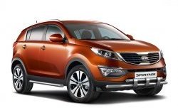 Двойная защита переднего бампера Petroil-Tuning 63 мм с пластинами KIA Sportage  3 SL (2010-2014) дорестайлинг (Нержавеющая полированная сталь)