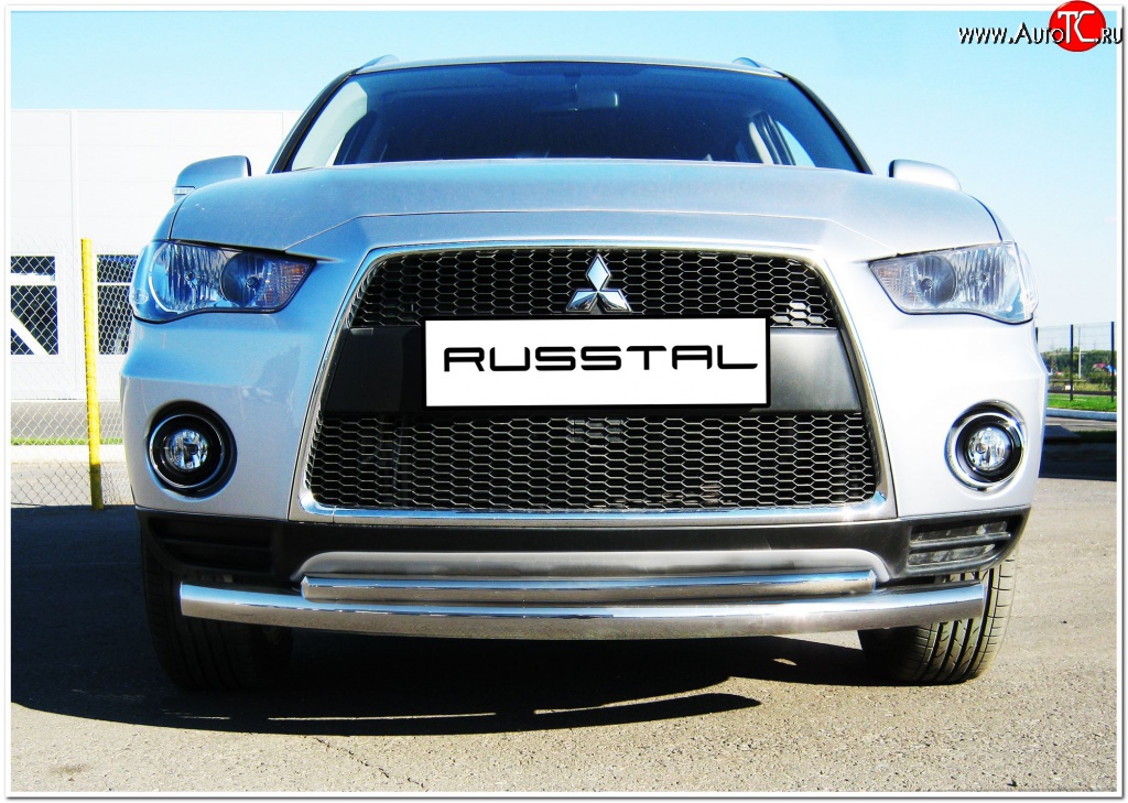 19 549 р. Защита переднего бампера (2 трубыØ76 и 42 мм, нержавейка) SLITKOFF Mitsubishi Outlander XL (CW)  рестайлинг (2010-2013)  с доставкой в г. Воронеж