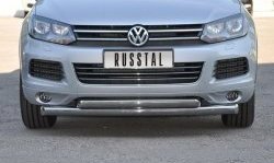 22 549 р. Защита переднего бампера (2 трубыØ76 и 63 мм, нержавейка) SLITKOFF  Volkswagen Touareg  NF (2010-2014) дорестайлинг  с доставкой в г. Воронеж. Увеличить фотографию 1